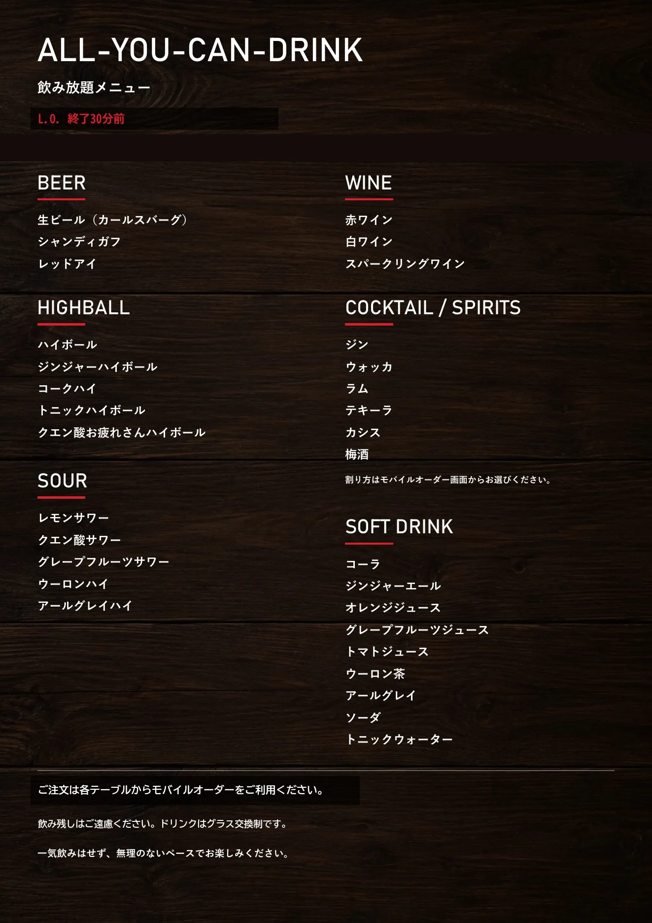 PIZZANIAの飲み放題メニュー