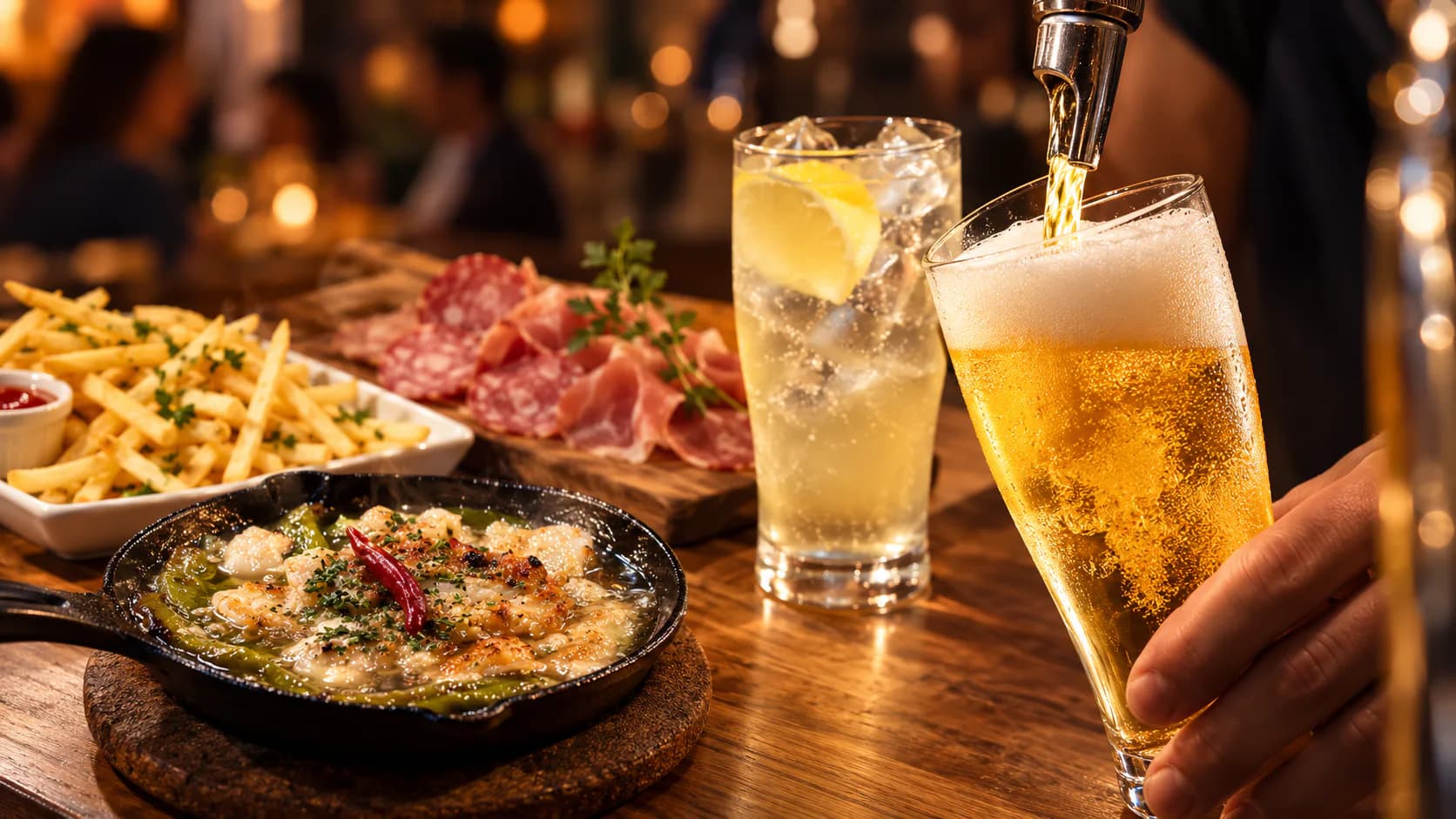 ビールと料理が並ぶPIZZANIAの宴会・酒場イメージ