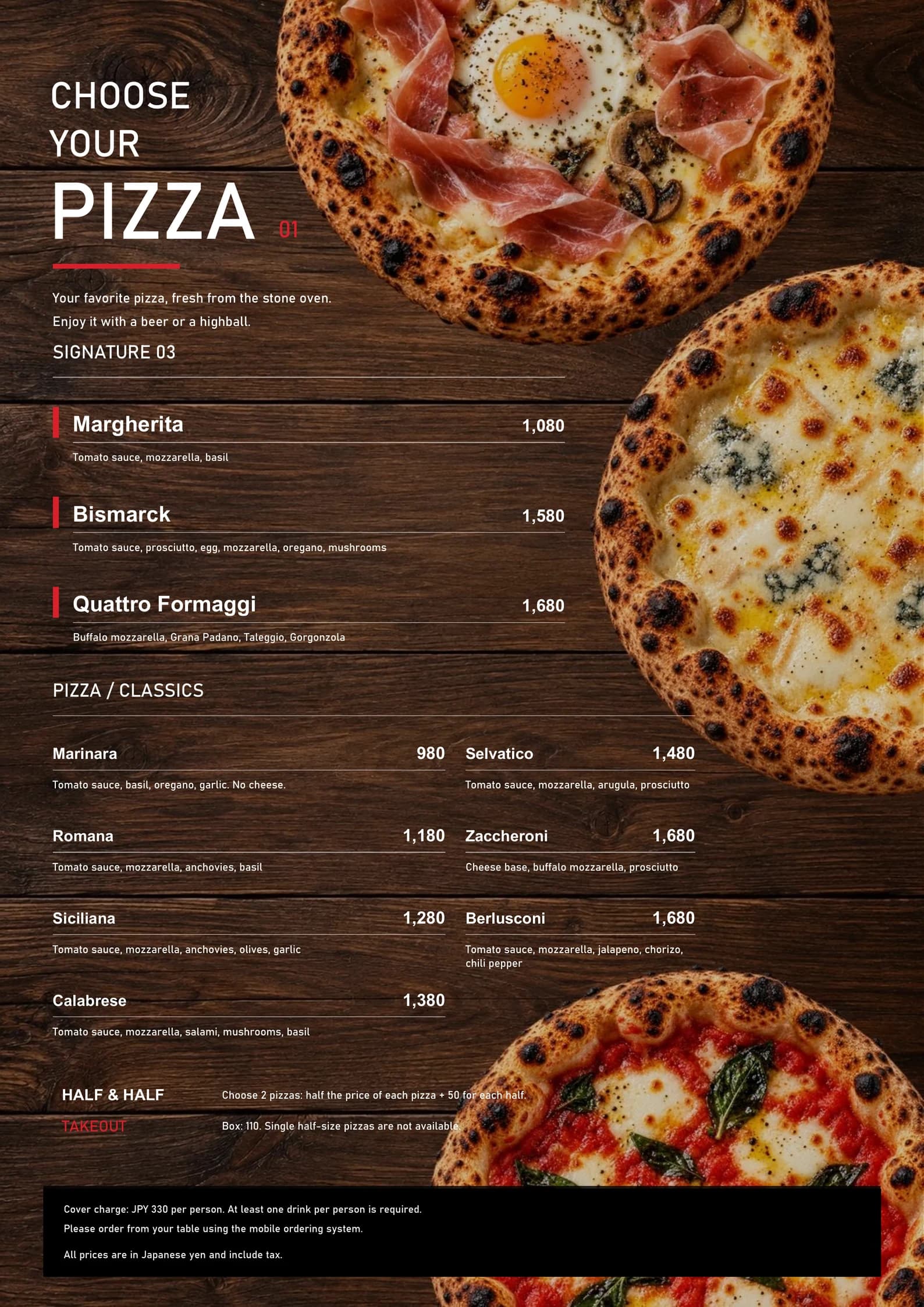 Stone-oven pizza menu in English