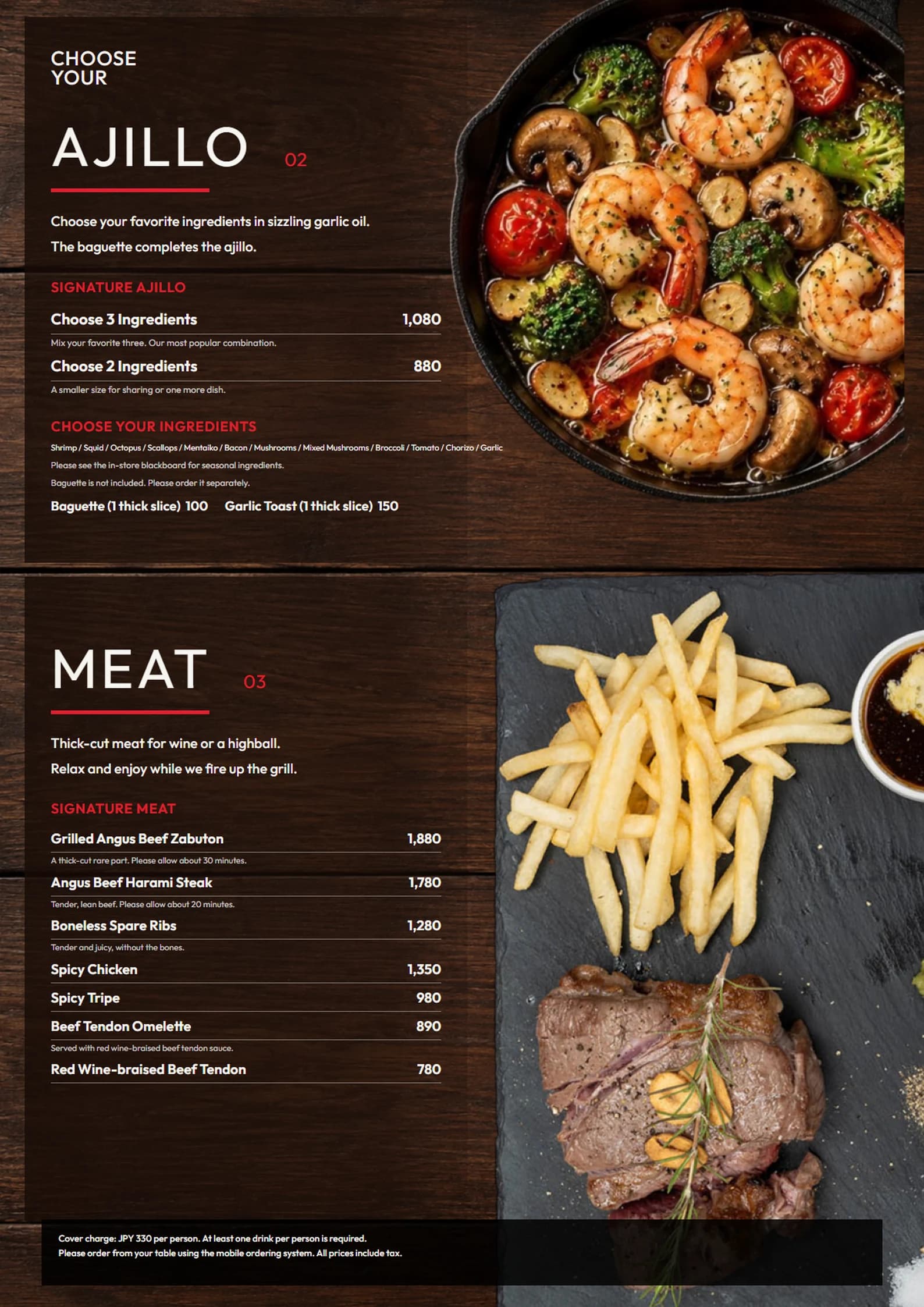 Ajillo and meat dishes menu in English