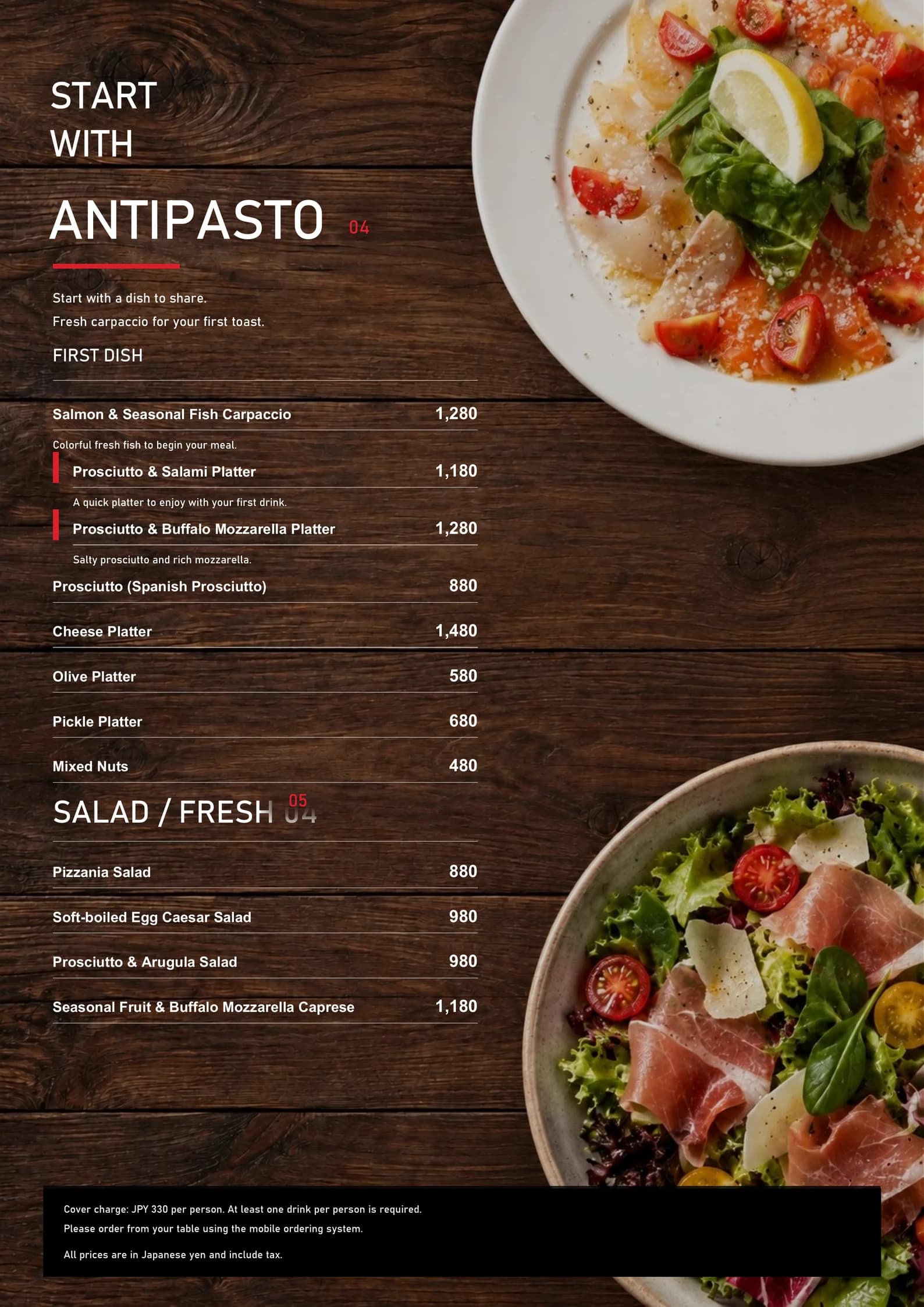 Antipasti and salads menu in English
