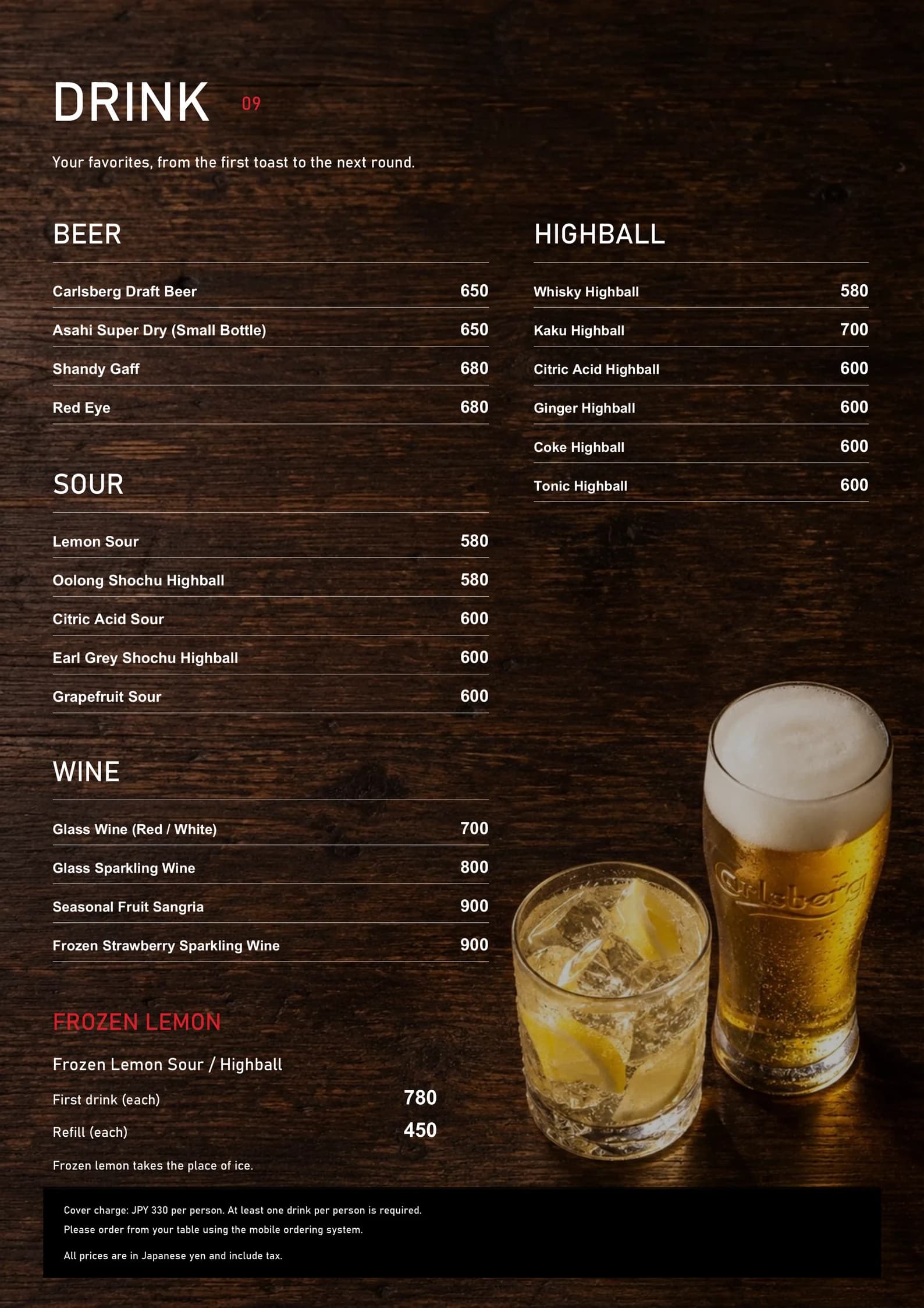Beer, highballs, sours and glass wines menu in English