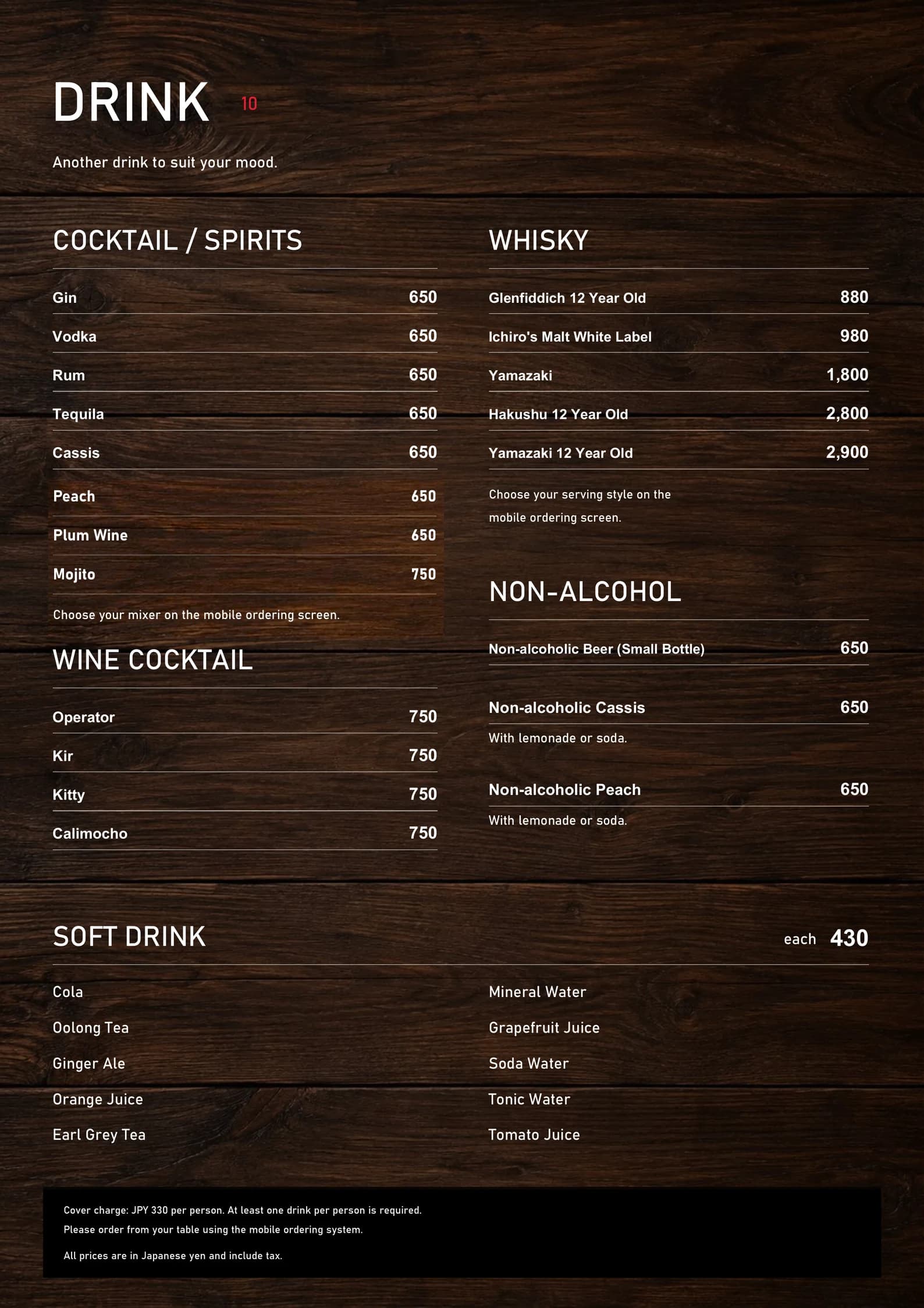 Cocktails, whisky and soft drinks menu in English