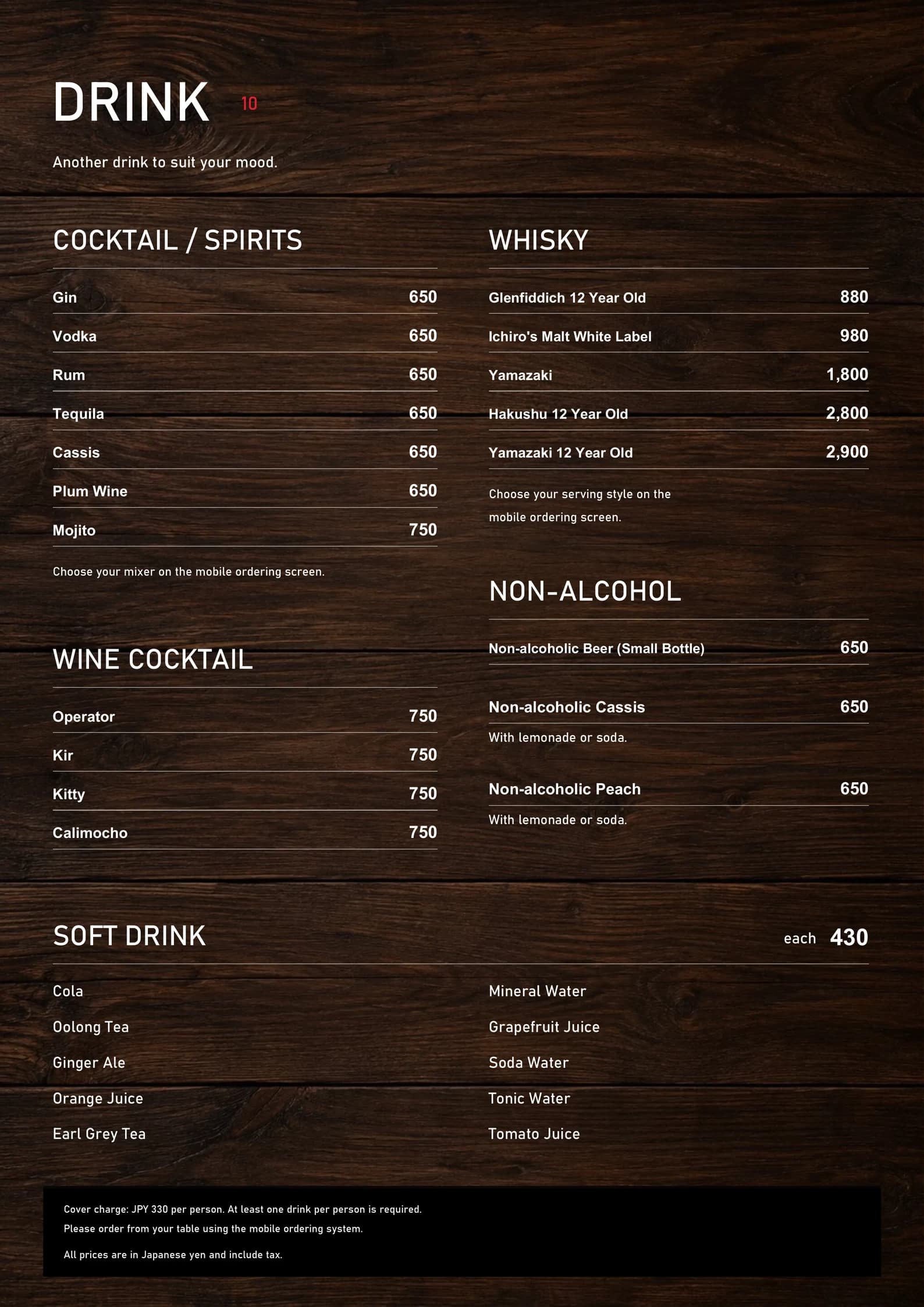 Cocktails, whisky and soft drinks menu in English