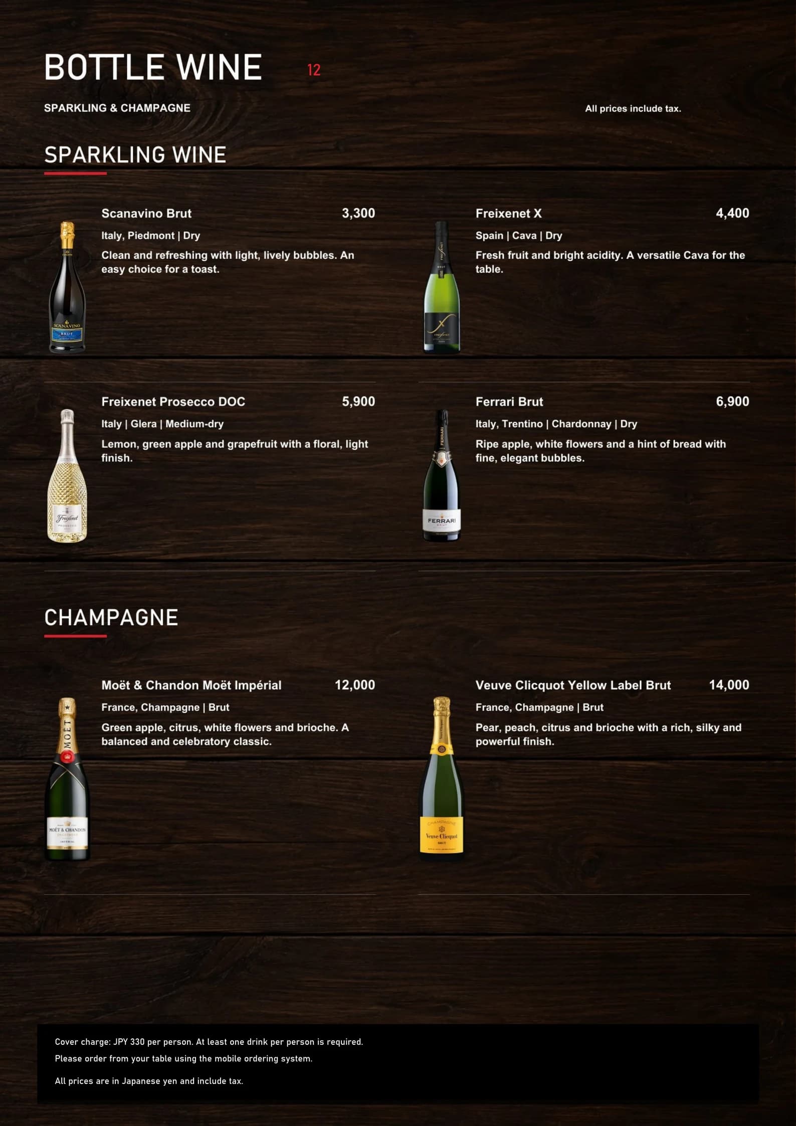 Sparkling wines and champagne menu in English
