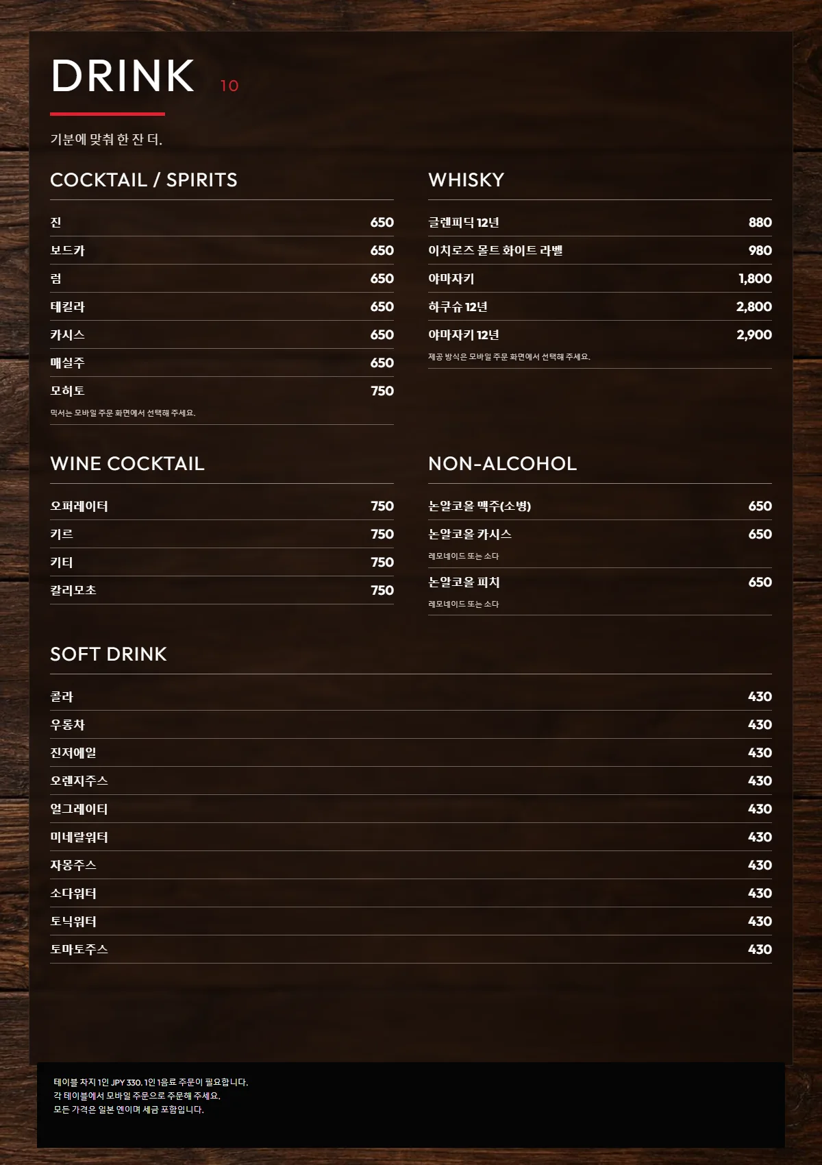 한국어 PIZZANIA DRINK 2 menu