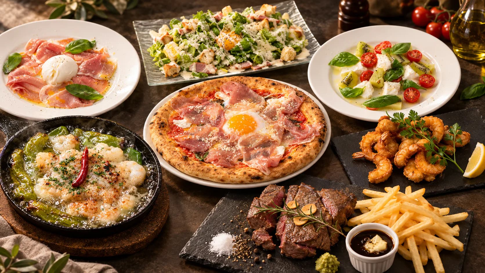 テーブルに並ぶ石窯ピザと肉料理、ドリンク